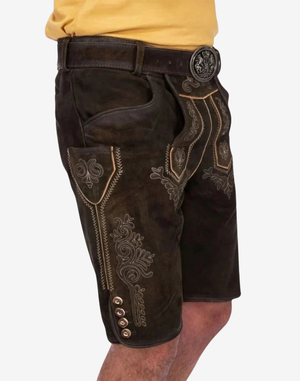 Oktoberfest lederhosen for men knee-length dark brown with traditional embroidery and contrast piping