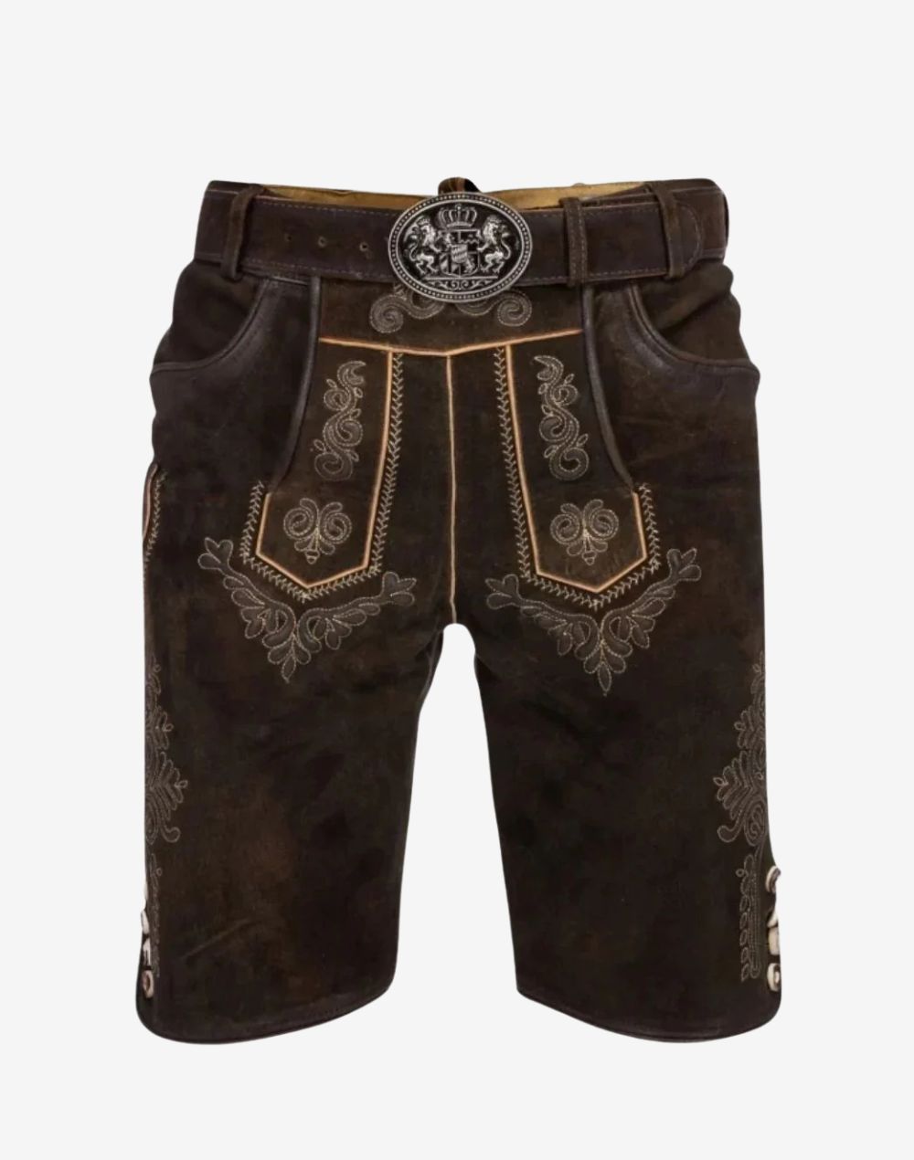 Men’s authentic German lederhosen dark brown bundhosen with Latz bib and crest belt buckle