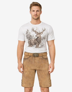 Model wearing Bavarian heritage lederhosen for men in light brown leather with traditional belt buckle design