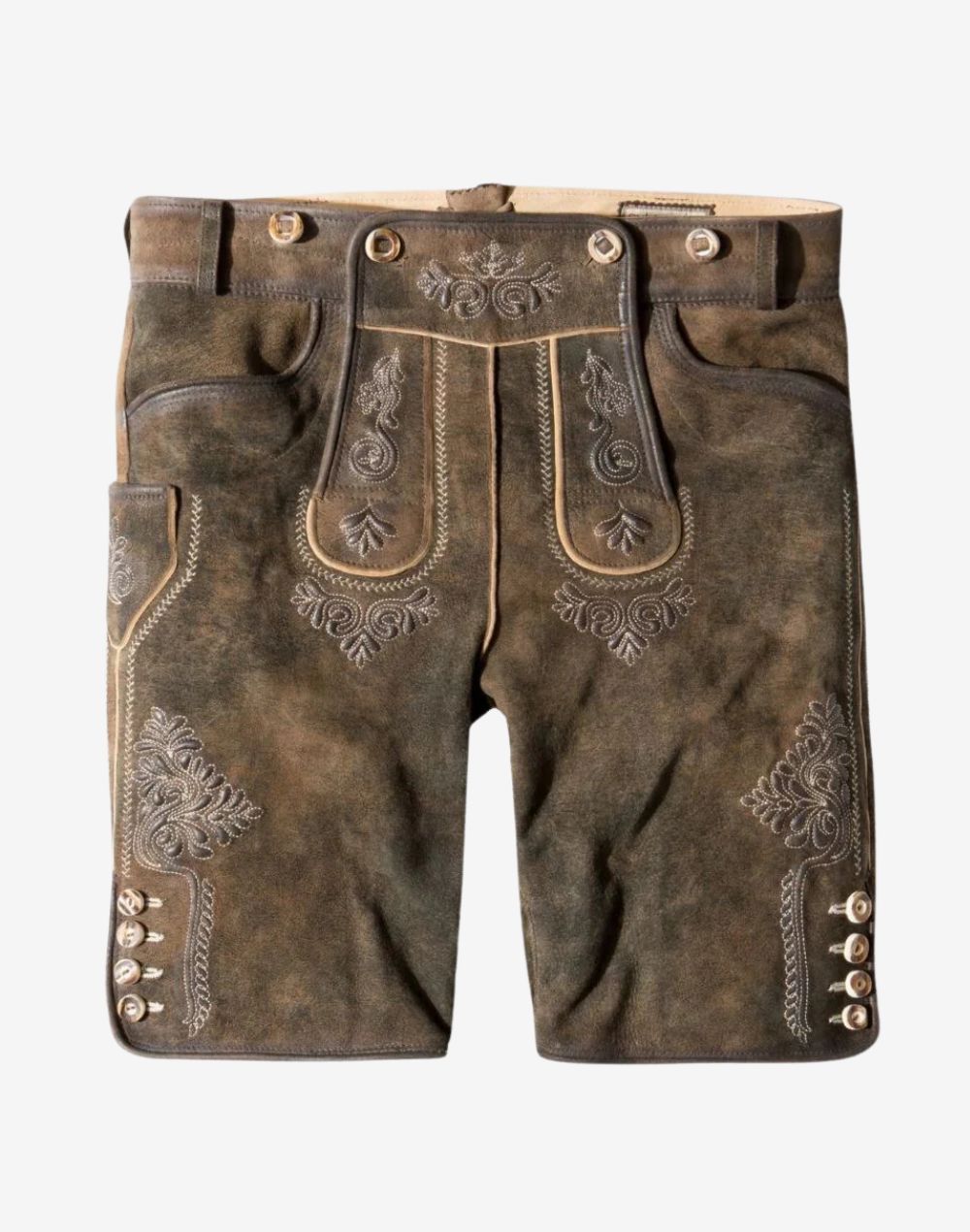 Mens Bavarian Leather Shorts suede lederhosen with ornate embroidery bib and side buttons
