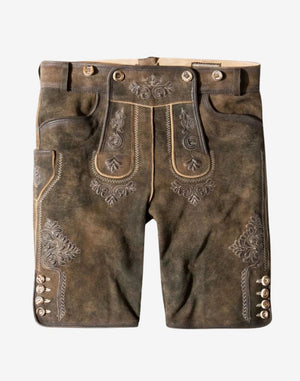 Mens Bavarian Leather Shorts suede lederhosen with ornate embroidery bib and side buttons