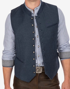 Angled wearing view of mens Bavarian waistcoat vest highlighting tailored cut, classic design and traditional alpine look