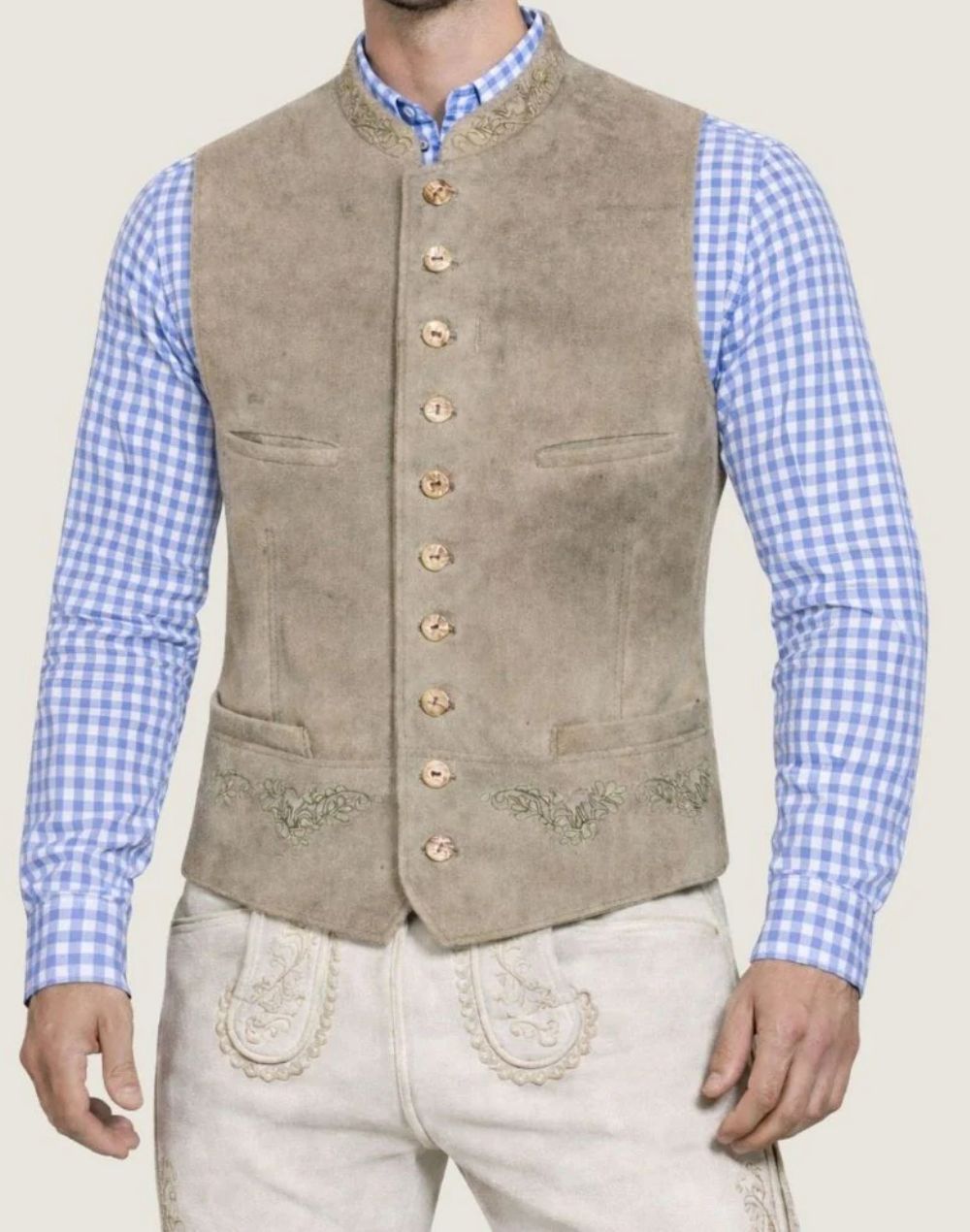 Mens Beige Suede Trachten Vest