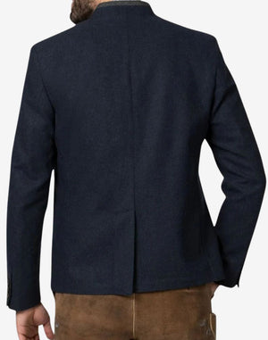 Back view of mens premium blue Oktoberfest jacket showing tailored seams, structured shoulders and traditional Trachten fit.