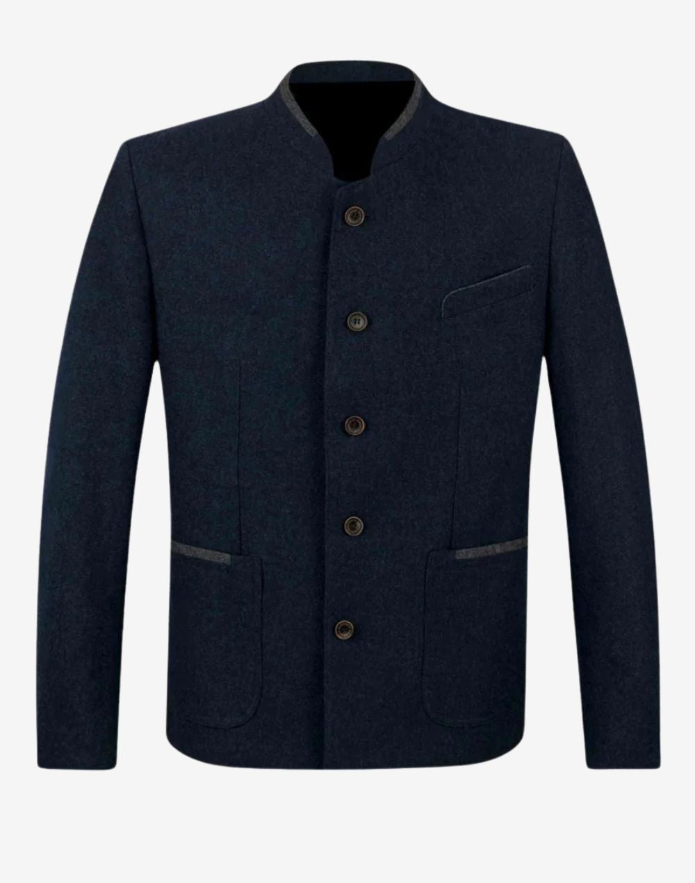 Front product view of mens blue Oktoberfest jacket with structured stand collar, button closure and classic Bavarian tailoring.