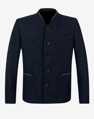 Front product view of mens blue Oktoberfest jacket with structured stand collar, button closure and classic Bavarian tailoring.