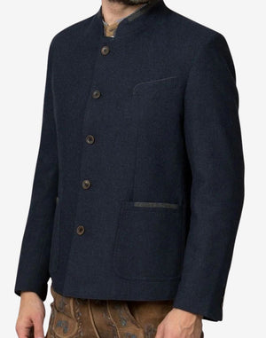 Angled view of model wearing blue Oktoberfest jacket highlighting wool texture, classic buttons and Bavarian festival style.