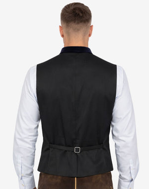 Back view of mens classic Bavarian waistcoat with adjustable strap, tailored fit and traditional Oktoberfest styling.