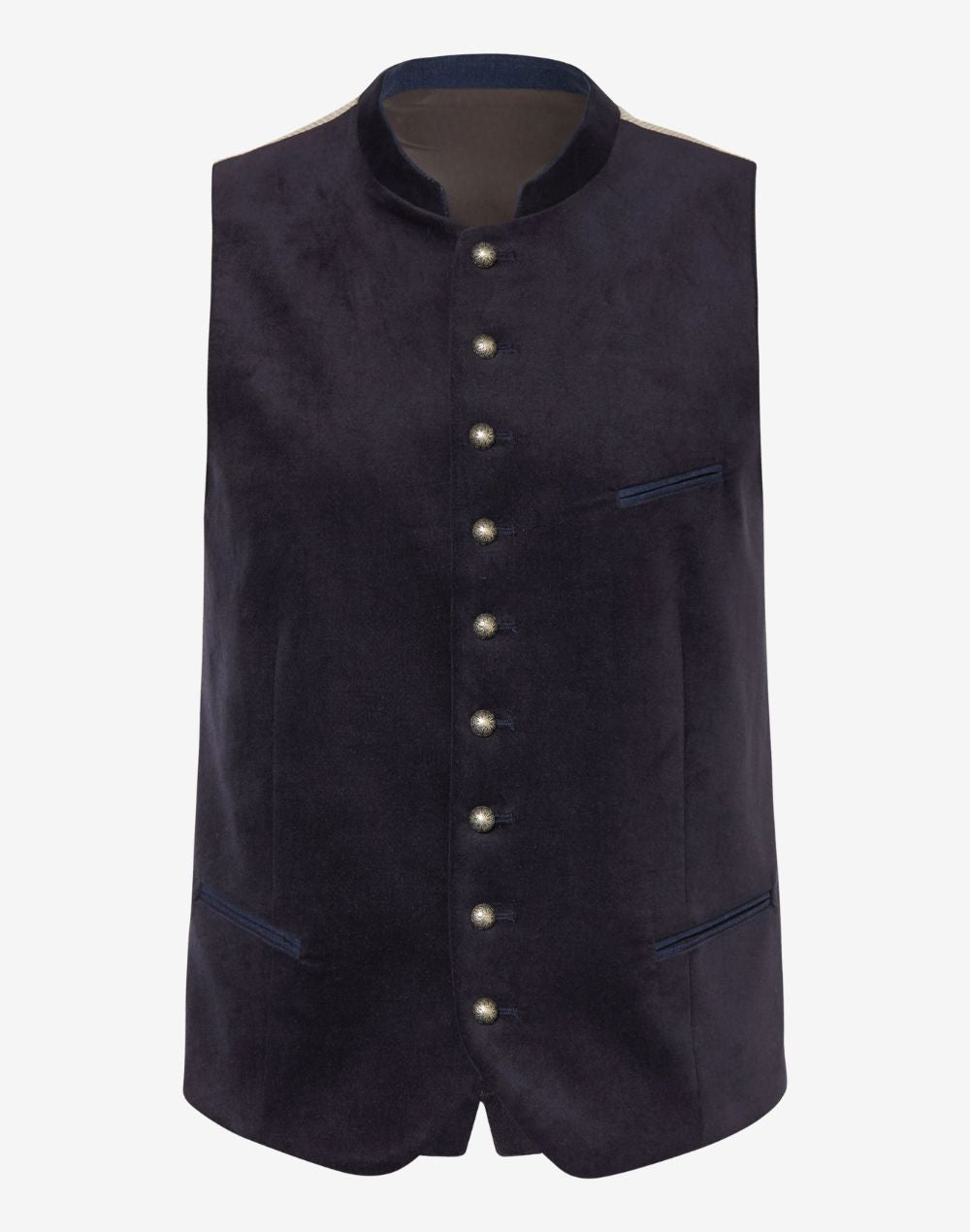 Mens classic Bavarian waistcoat in traditional Trachten style with horn buttons, wool fabric and elegant Oktoberfest design.