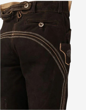 Rear view detail of mens leather bundhosen showing back pocket, decorative stitching and traditional Bavarian construction