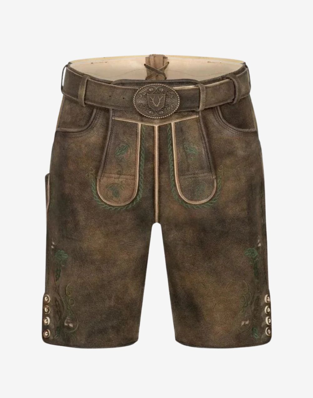 Mens Classic Oktoberfest Lederhosen brown suede shorts with belt buckle, green embroidery, buttoned leg cuffs