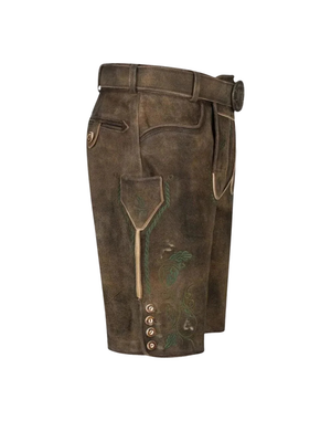 Classic Oktoberfest Mens Lederhosen side view of brown suede shorts with knife pocket, green stitching, cuff buttons