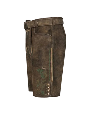 Right side angle shows embroidery and pocket on Mens Classic Oktoberfest Lederhosen, brown suede, belt buckle