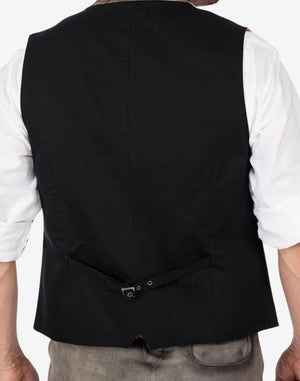 Back view of mens classic Trachten waistcoat with adjustable strap, dark lining and traditional Bavarian Oktoberfest styling.