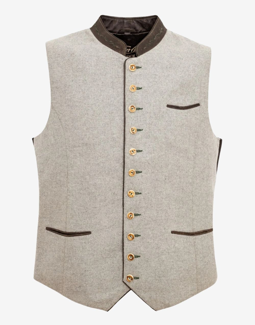 Mens classic Trachten waistcoat in light grey wool with brown collar, traditional horn buttons and Bavarian style pockets.