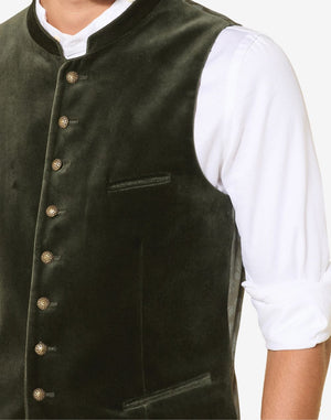 Close up of mens classic velvet German vest showing decorative buttons, smooth velvet fabric and authentic Trachten design.