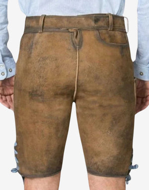Back view of men’s brown leather lederhosen shorts with classic rear pockets