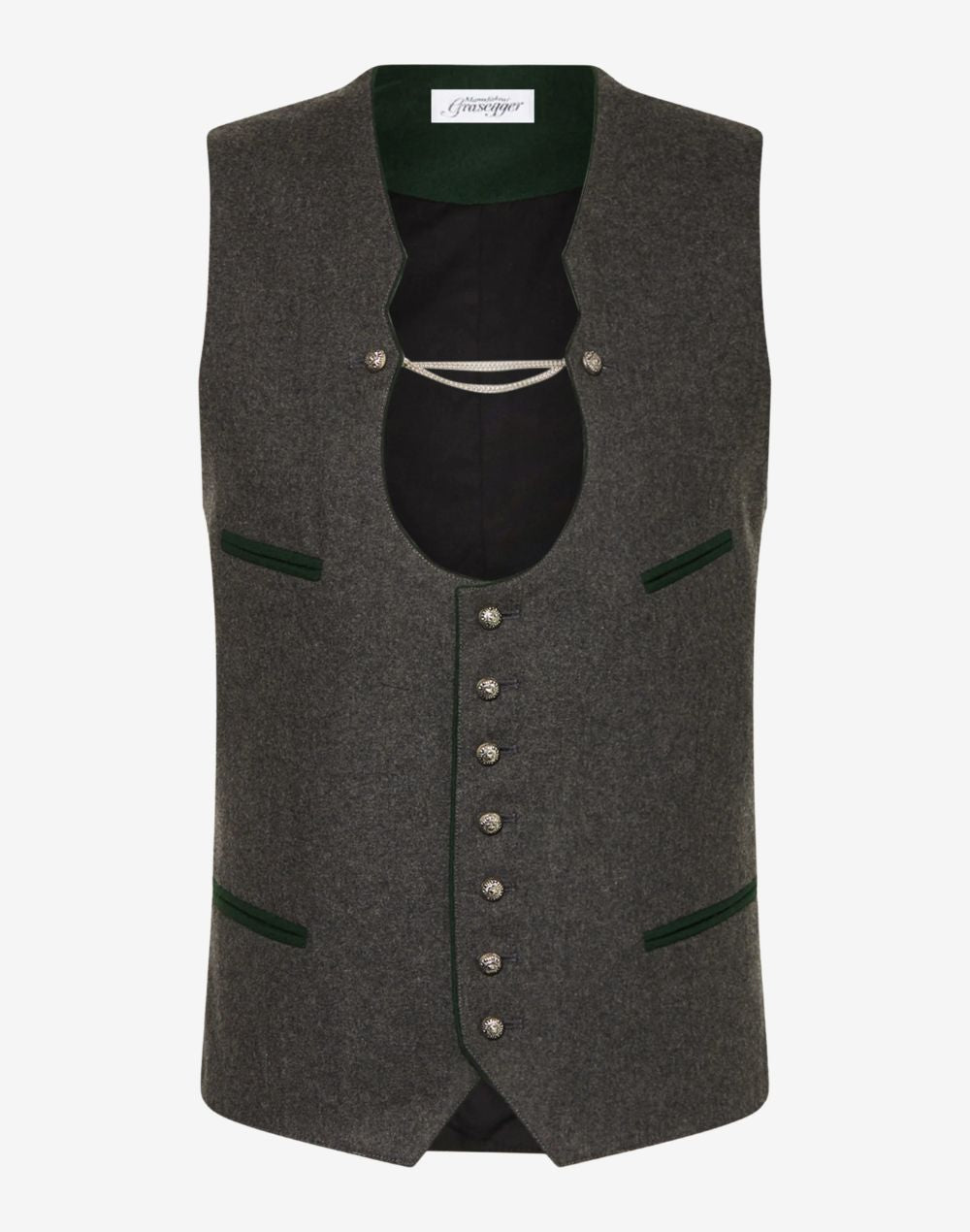 Mens elegant Trachten vest in classic brown finish with decorative Bavarian buttons and traditional Alpine Oktoberfest styling.
