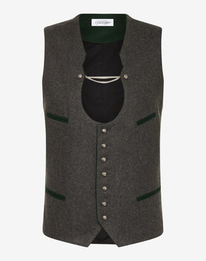 Mens elegant Trachten vest in classic brown finish with decorative Bavarian buttons and traditional Alpine Oktoberfest styling.