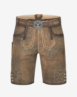 Main image alt text: Mens Festival Lederhosen Outfit front view with belt buckle and tan suede embroidery