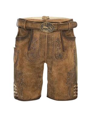 Mens Forest Stag Lederhosen tan suede leather shorts with forest stag buckle belt, embroidered front bib, and traditional styling