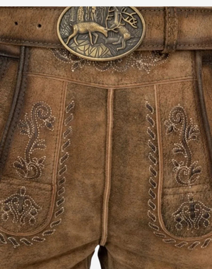 Mens Forest Stag Lederhosen close-up of embroidered front bib stitching with forest stag belt buckle detail
