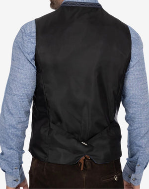 Back view of authentic German Trachten vest with adjustable strap and traditional fit