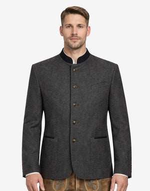 Front portrait view of model wearing gray Trachten jacket highlighting wool texture, stand collar and Bavarian tailoring.