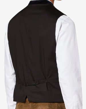 Back view of mens gray wool Trachten vest with adjustable strap, tailored fit and authentic Bavarian Oktoberfest styling.