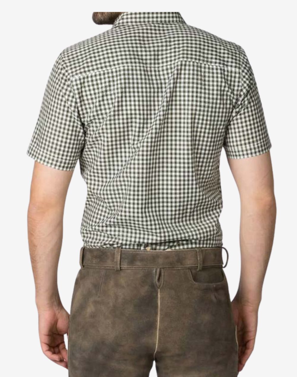 Back view of mens heritage Bavarian shirt showing clean rear design, long sleeves and traditional Bavarian tailored fit