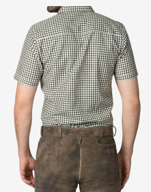 Back view of mens heritage Bavarian shirt showing clean rear design, long sleeves and traditional Bavarian tailored fit
