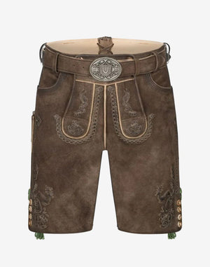 Mens Heritage Style Lederhosen brown suede shorts with belt buckle, embroidered bib front and side buttons