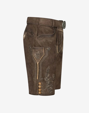 Mens Heritage Style Lederhosen side view showing suede texture, side pocket, embroidery and knee button panel