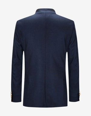 Back view of navy blue heritage wool Bavarian jacket for men showing clean structured seams and traditional alpine design.