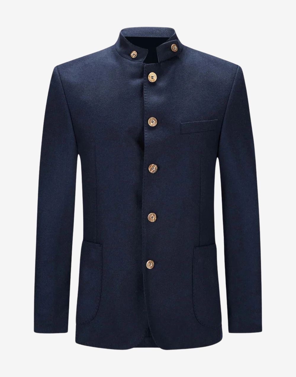 Front view of mens heritage wool Bavarian jacket in navy blue featuring stand collar, wooden style buttons and classic alpine tailoring.