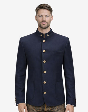 Model wearing navy heritage wool Bavarian jacket front view highlighting Oktoberfest style, stand collar and traditional German design.
