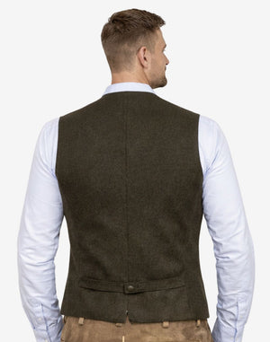 Back view of mens heritage wool Trachten vest showing adjustable back strap and classic alpine tailoring for perfect fit.