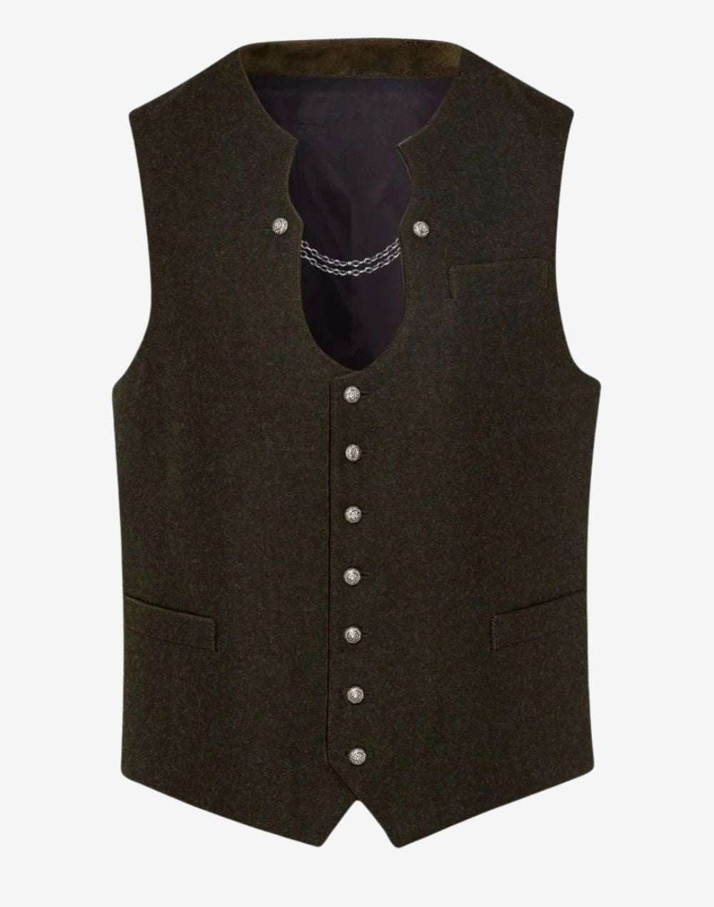Front view of mens heritage wool Trachten vest in rustic green featuring traditional buttons, chest pocket and classic Bavarian design.
