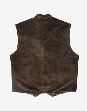 Back view of mens leather Bavarian vest with lapel showing smooth leather texture, tailored silhouette, and classic Bavarian craftsmanship with adjustable fit.
