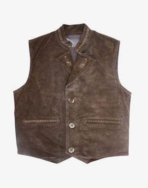 Front view of mens leather Bavarian vest with lapel featuring traditional Trachten design, structured fit, button closure, and premium leather finish for classic Alpine style.