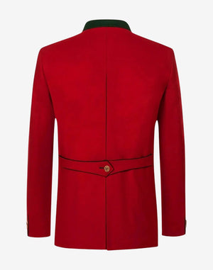 Back view of mens luxury red German jacket showing structured seams, tailored fit and traditional Bavarian Trachten style.