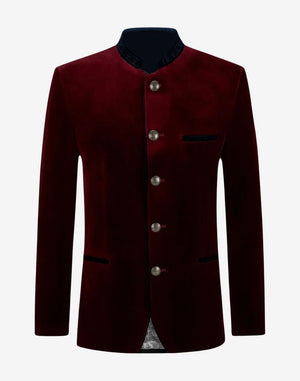 Front view of mens maroon velvet Trachten jacket featuring stand collar, silver buttons and elegant Bavarian tailoring.
