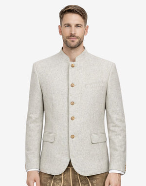 Model wearing premium off white wool Trachten jacket front view highlighting traditional buttons and elegant alpine styling.