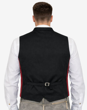 Back view of mens Oktoberfest Trachten vest showing textured grey rear panel, adjustable waist strap and traditional fitted cut