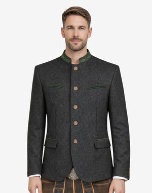 Model wearing Oktoberfest wool jacket front view highlighting alpine buttons, stand collar and authentic Bavarian festival style.