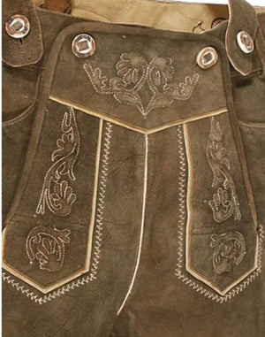 Close view showing detailed embroidery on front flap with decorative stitching and traditional Bavarian leather craftsmanship