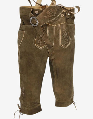 men’s premium Bavarian bundhosen featuring traditional leather finish, embroidered flap and classic alpine design