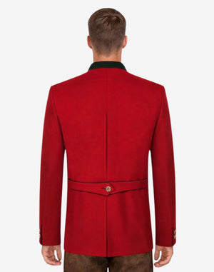 Back view of model wearing luxury red German jacket showing tailored structure and traditional Bavarian Trachten fit.