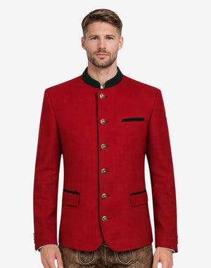 Back view of model wearing luxury red German jacket showing tailored structure and traditional Bavarian Trachten fit.
