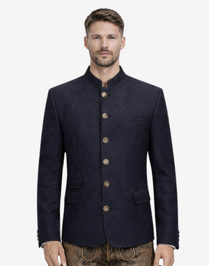 Model wearing rustic alpine Trachten jacket front view featuring classic buttons and authentic Bavarian Oktoberfest style.